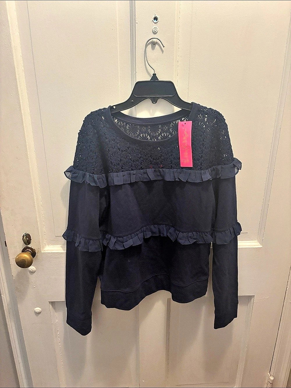 Navy Blue Sweatshirt with Lace Insert and Ruffle